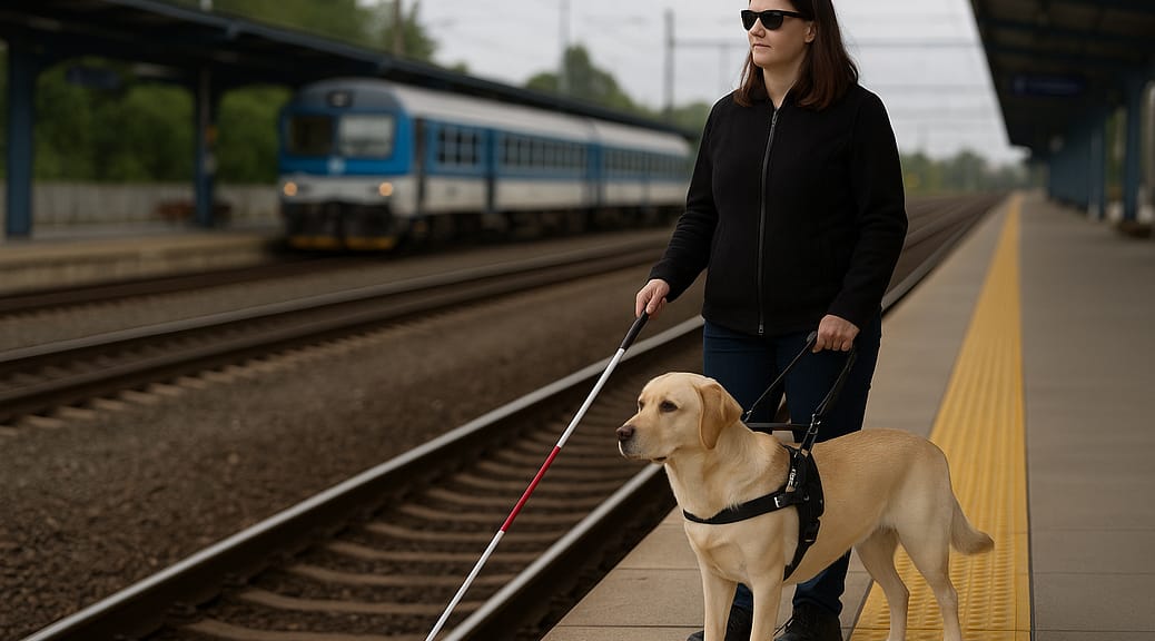 Nevidomá s vodícím psem na nástupišti vlakového nádraží za bezpečnostním pásem, bílá hůl dosahuje ke koleji - takto by to být rozhodně nemělo.
